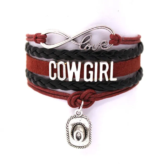 10pcs/lot Infinity Love girls Bracelets Cowgirl Bracelet  Sports Suede pu Leather Cheer Bracelets for women R001- Drop Shipping