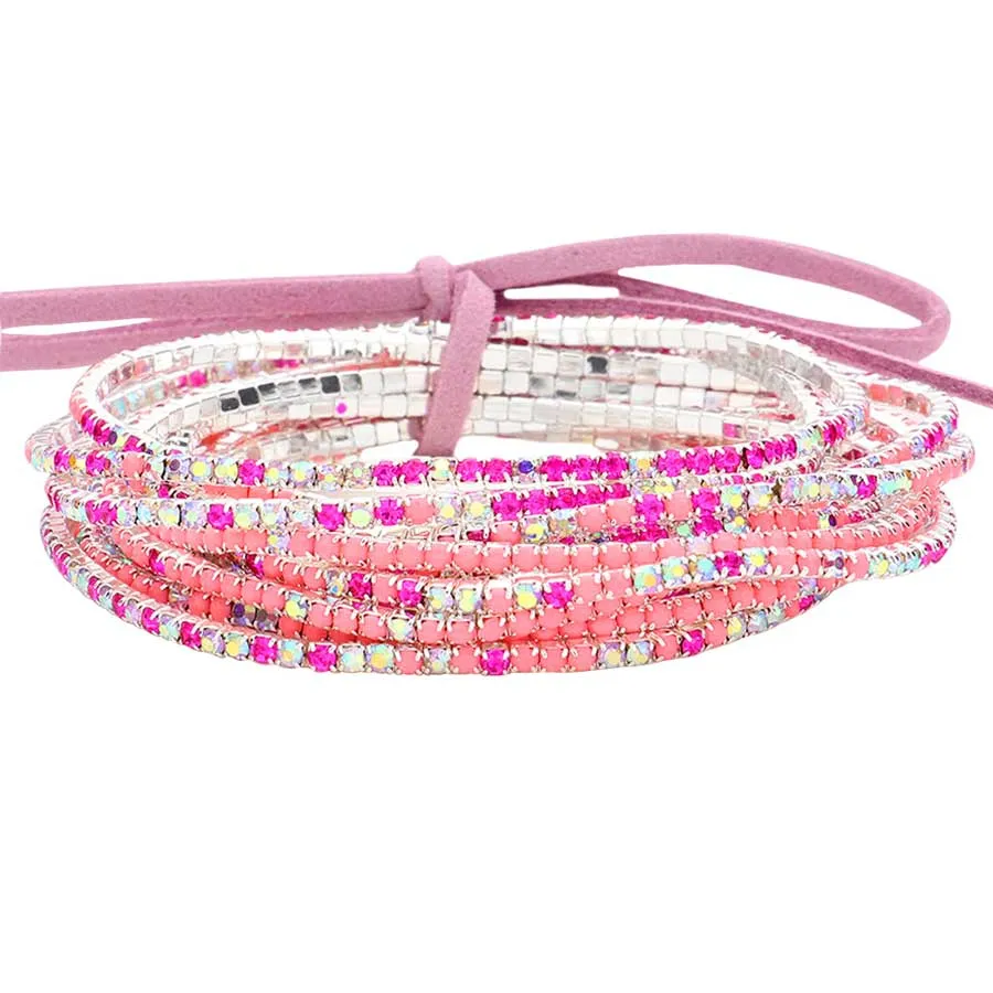 12Pcs Ribbon Colorful Rhinestone Layered Stretch Bracelets