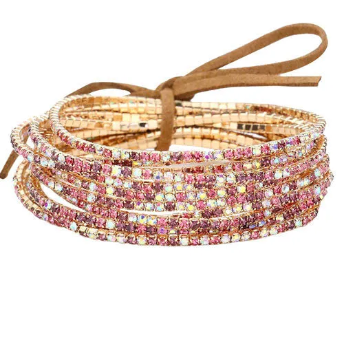 12Pcs Ribbon Colorful Rhinestone Layered Stretch Bracelets