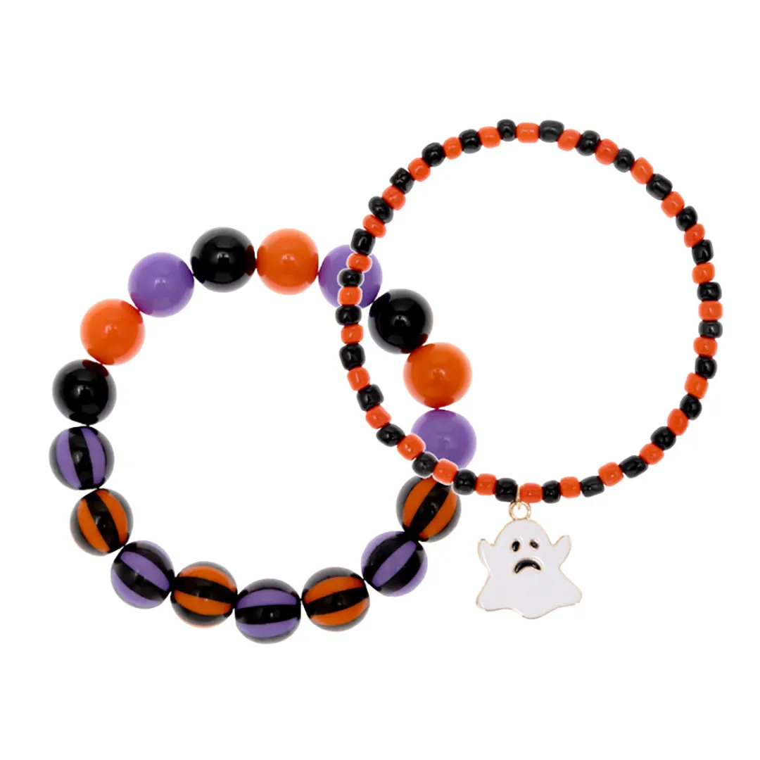 2PCS Halloween Ghost Charm Beaded Stretch Bracelets