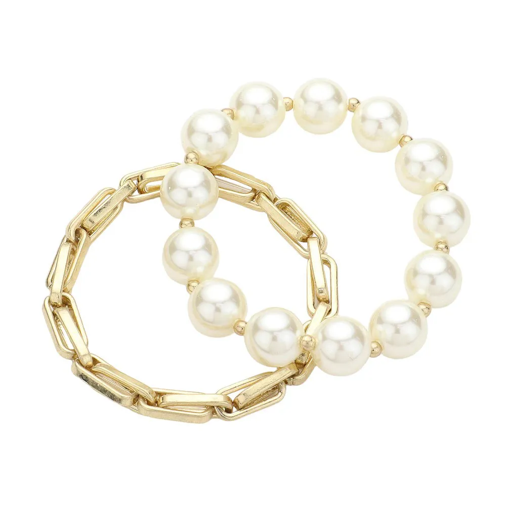 2PCS Pearl Beaded Metal Chain Layered Bracelets