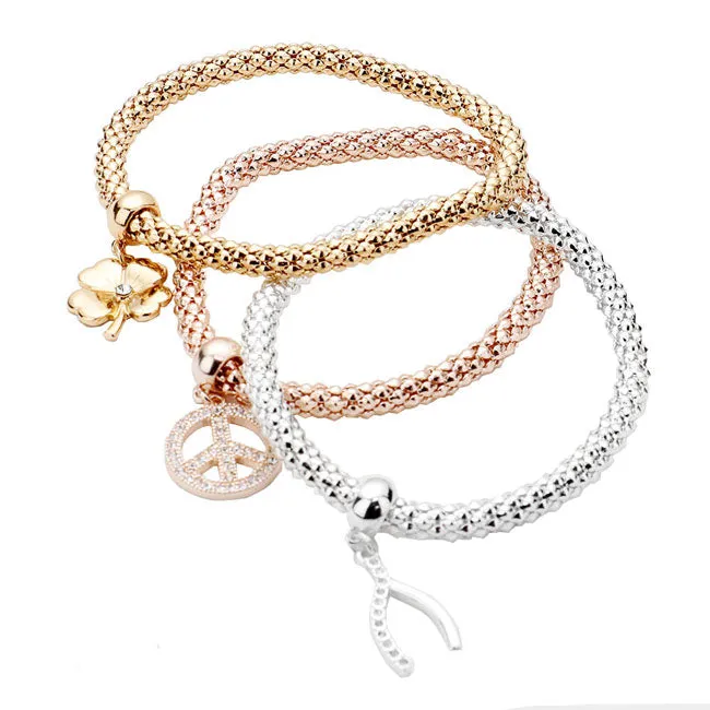 3PCS Clover Peace Wishbone Charm Stretch Bracelets