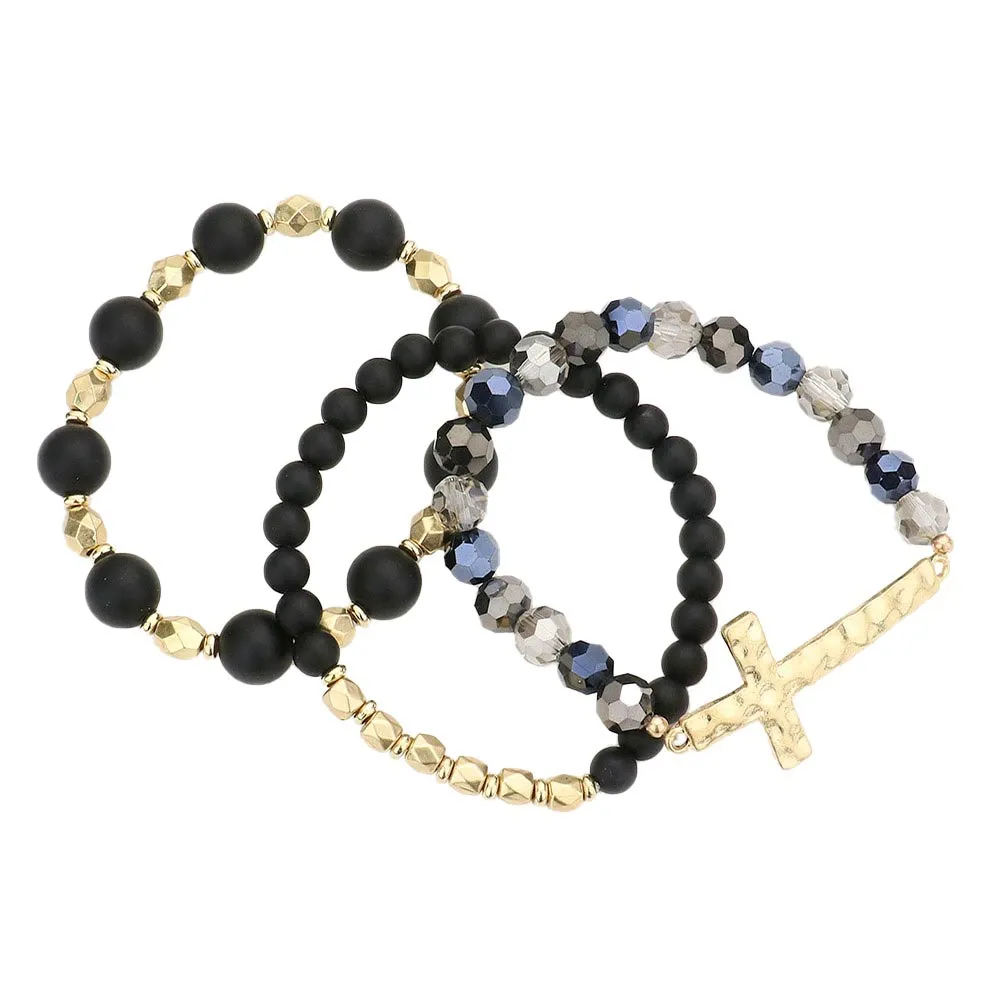 3PCS Hammered Metal Cross Pendant Beaded Layered Bracelets