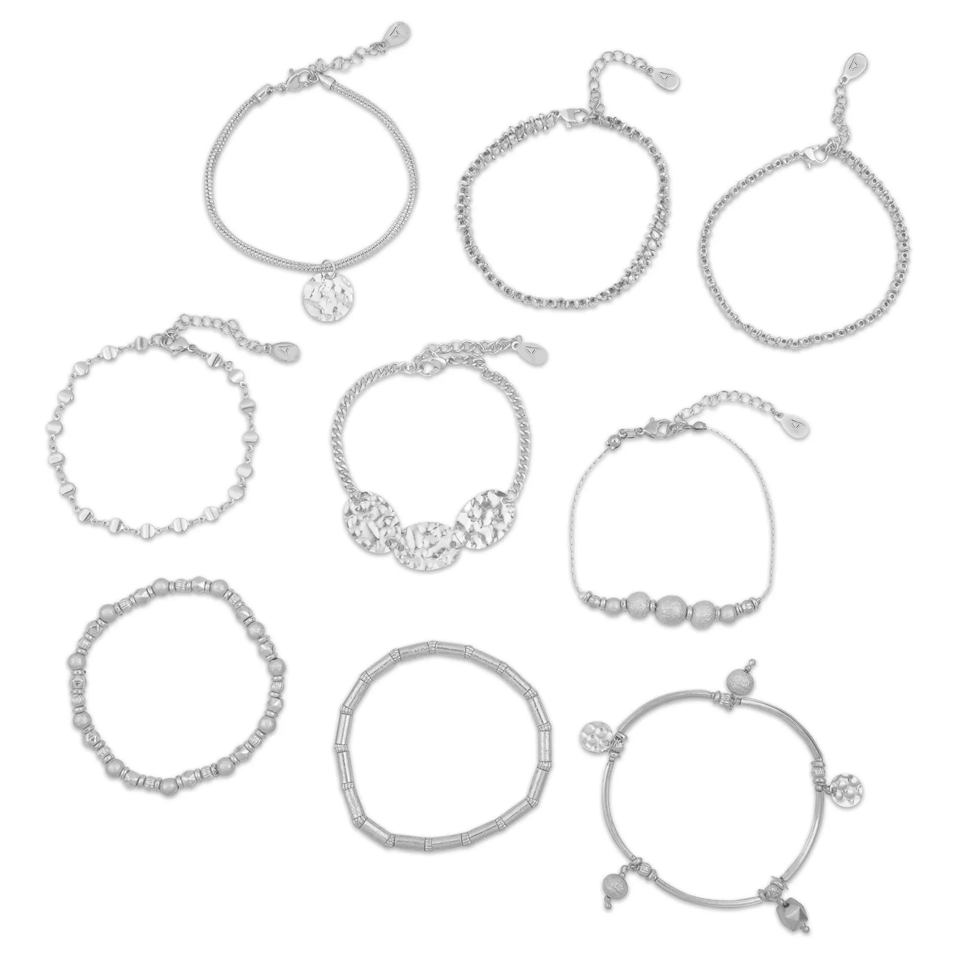 Accessorize London  Women's Silver Disc Stretch Bracelets Set Of 9