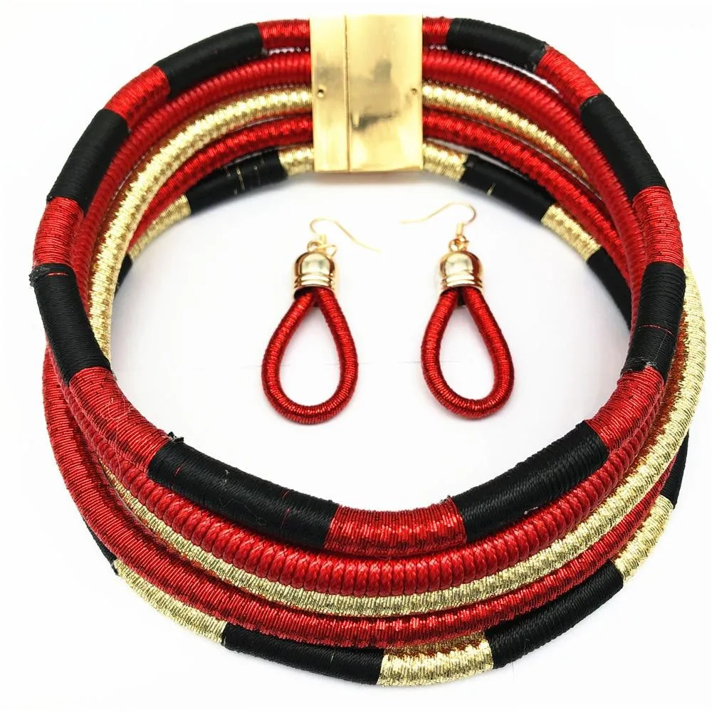 African Beads Multi-layer Woven Choker Necklace Earrings Bridal Jewelry Set