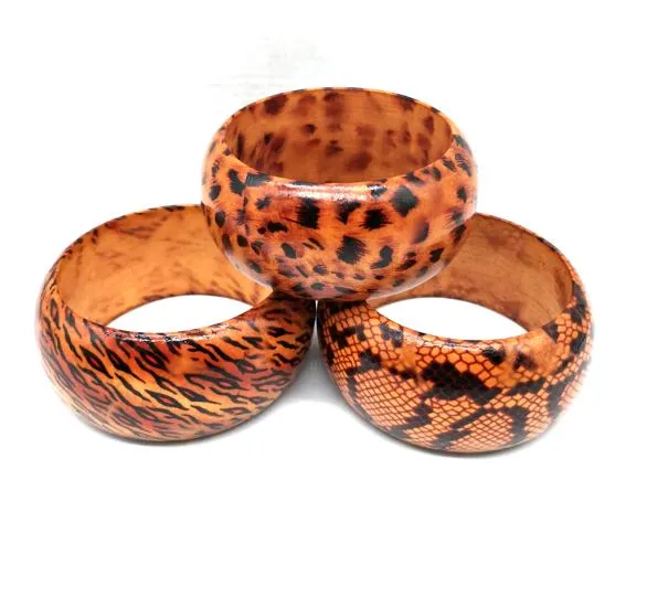 African Pattern Chunky Wooden Bangle - Large