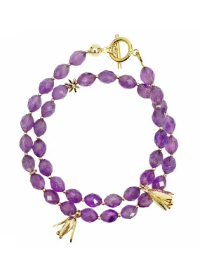 Amethyst with Flower Charms Double Layers Bracelet/ Choker LB005