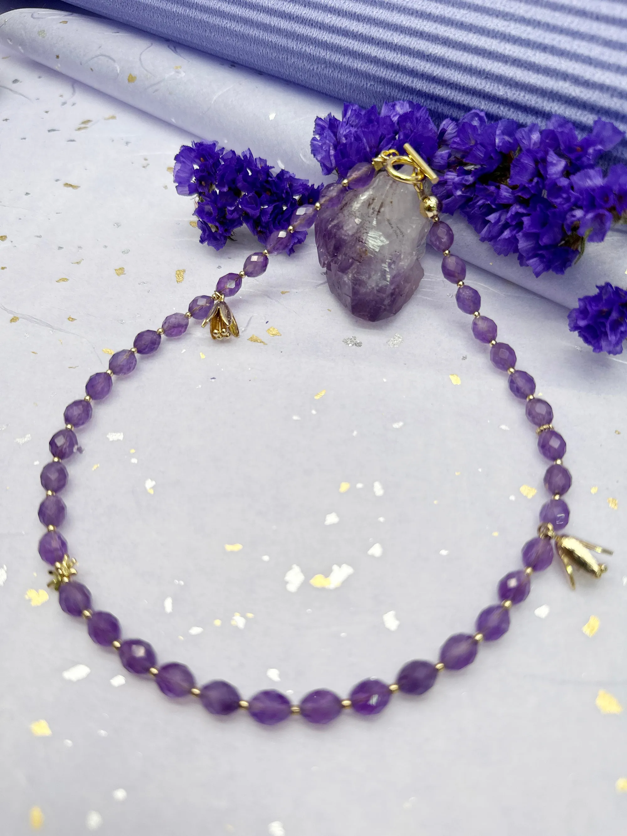 Amethyst with Flower Charms Double Layers Bracelet/ Choker LB005