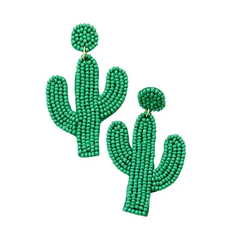 Beaded Cactus Drop Dangle Earrings