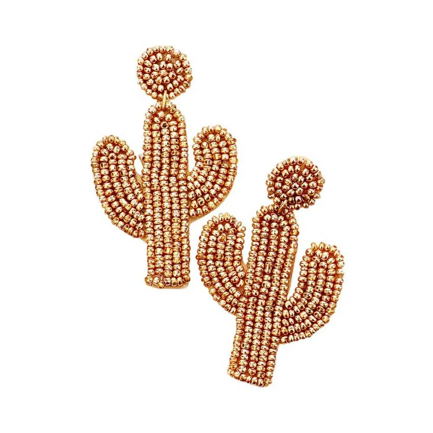 Beaded Cactus Drop Dangle Earrings