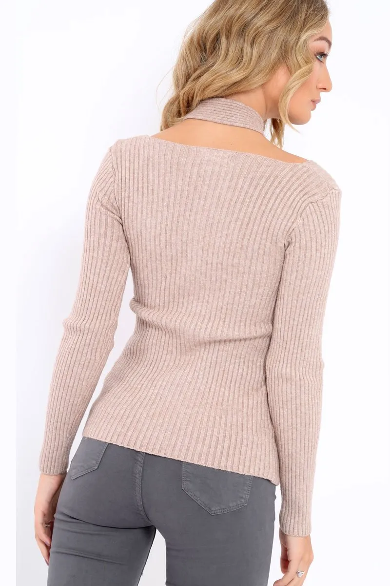 Beige Choker Twist Knit Jumper - Maya