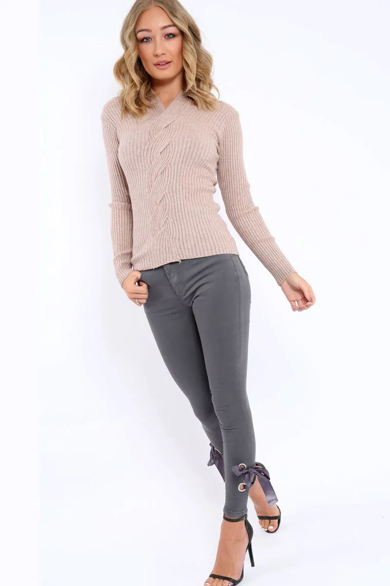 Beige Choker Twist Knit Jumper - Maya