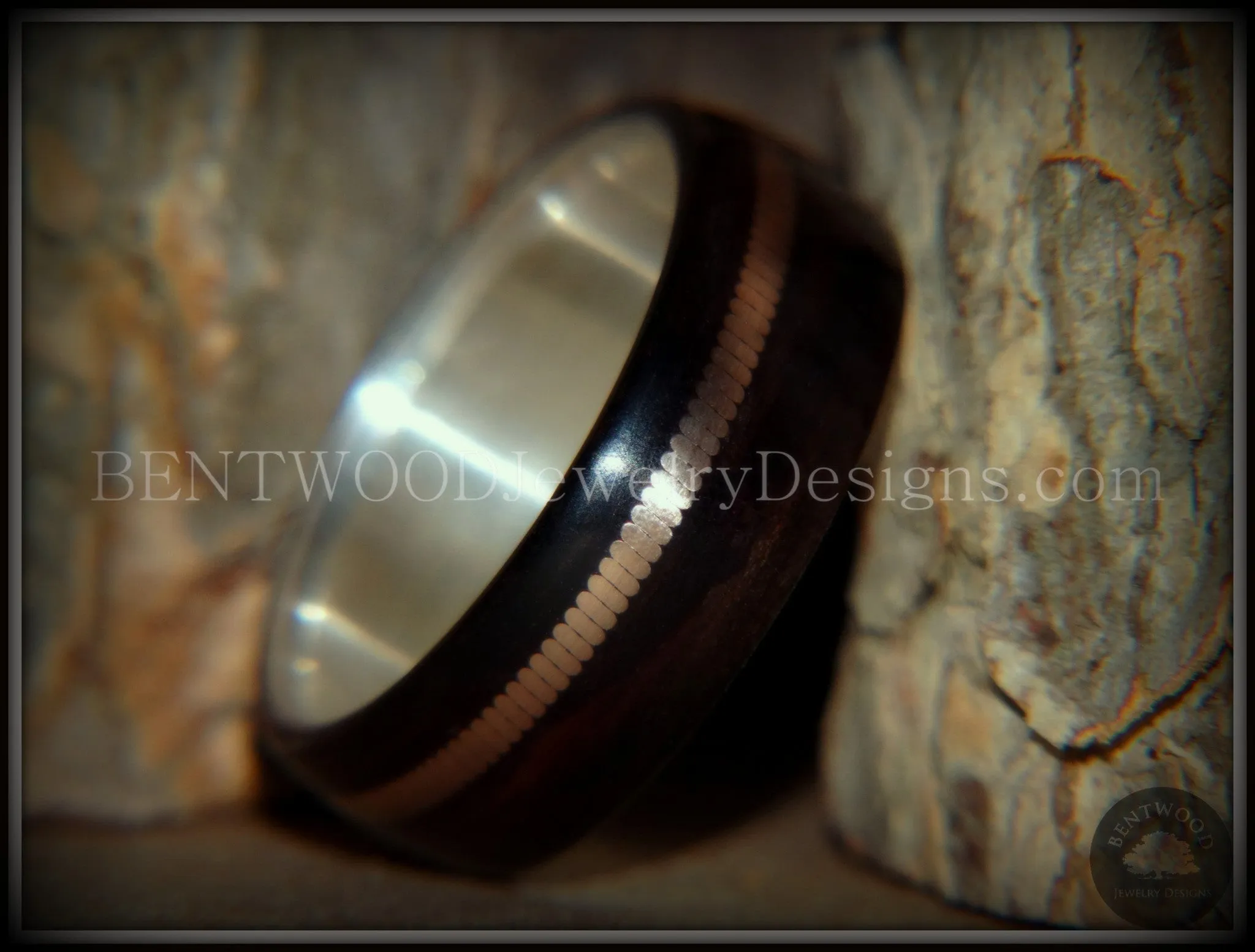 Bentwood Ring - HEAVY Acoustic Minimalist Macassar Ebony Wood Ring on Fine Silver Core with Thick Bronze Acoustic Guitar String Inlay