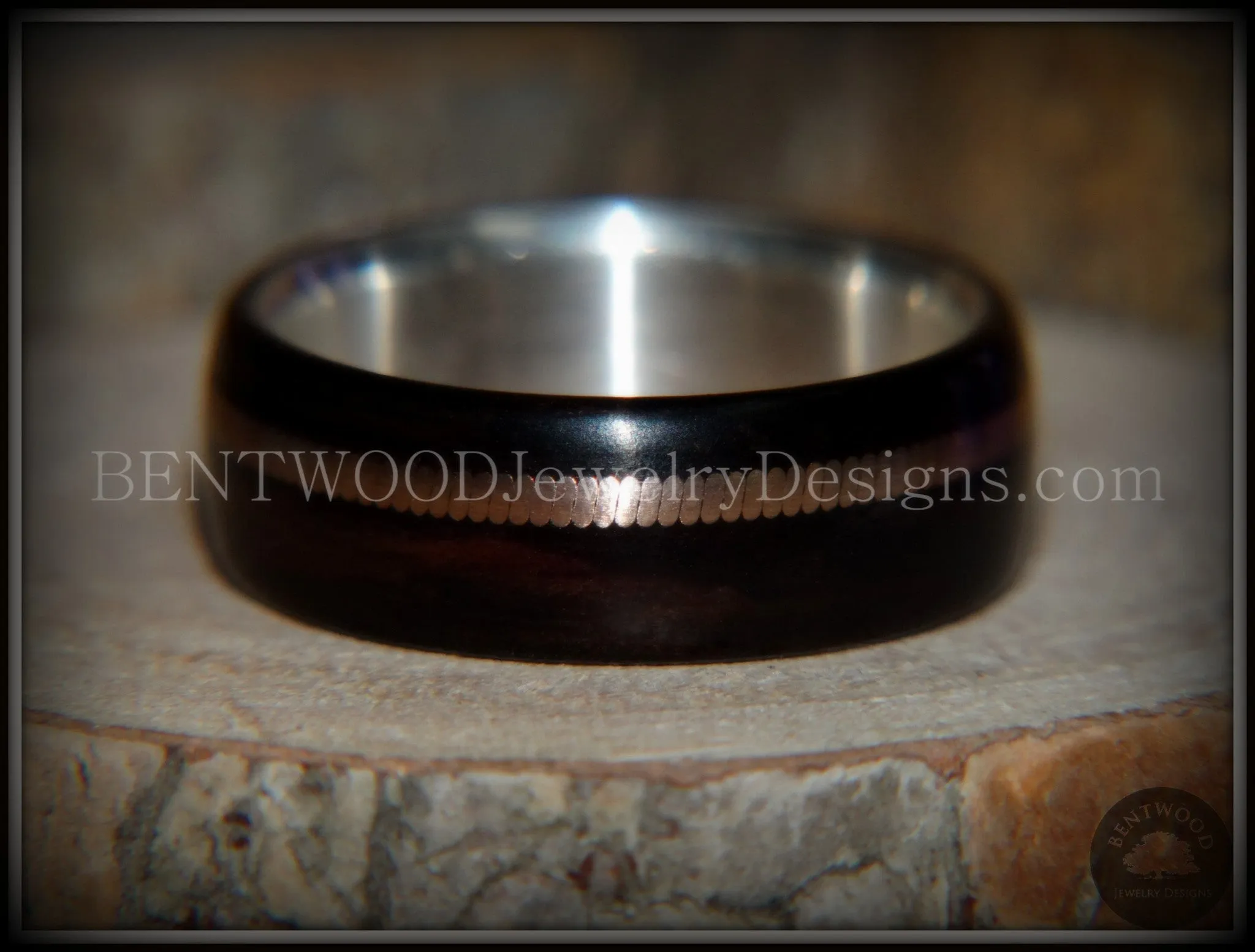 Bentwood Ring - HEAVY Acoustic Minimalist Macassar Ebony Wood Ring on Fine Silver Core with Thick Bronze Acoustic Guitar String Inlay