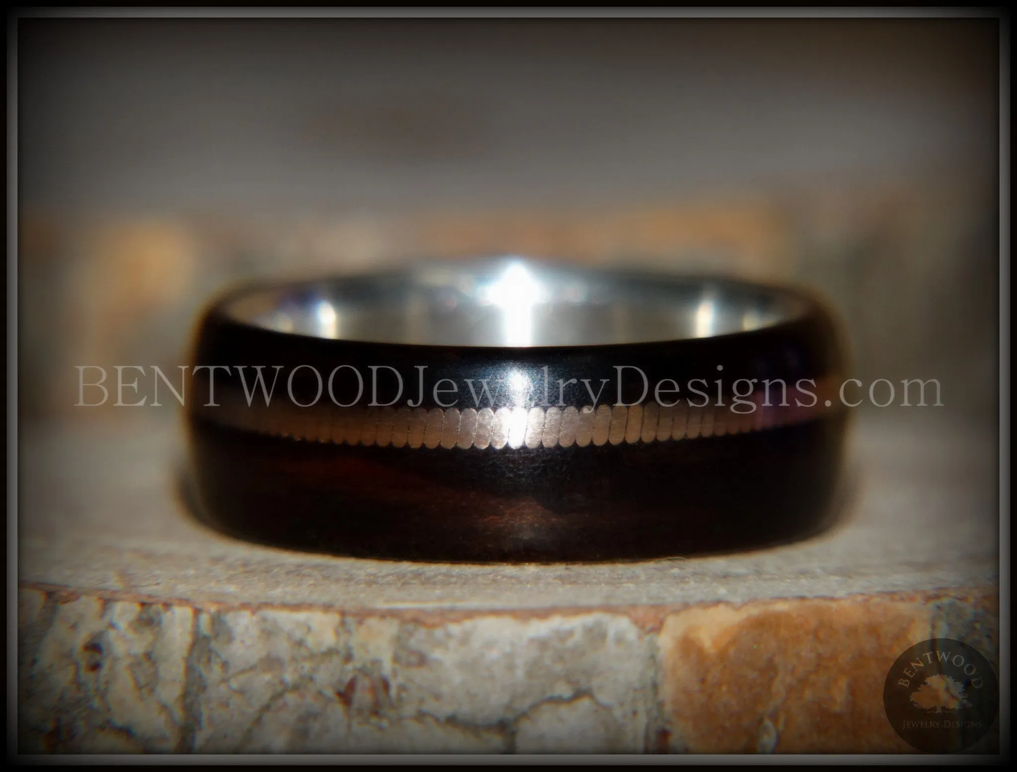 Bentwood Ring - HEAVY Acoustic Minimalist Macassar Ebony Wood Ring on Fine Silver Core with Thick Bronze Acoustic Guitar String Inlay