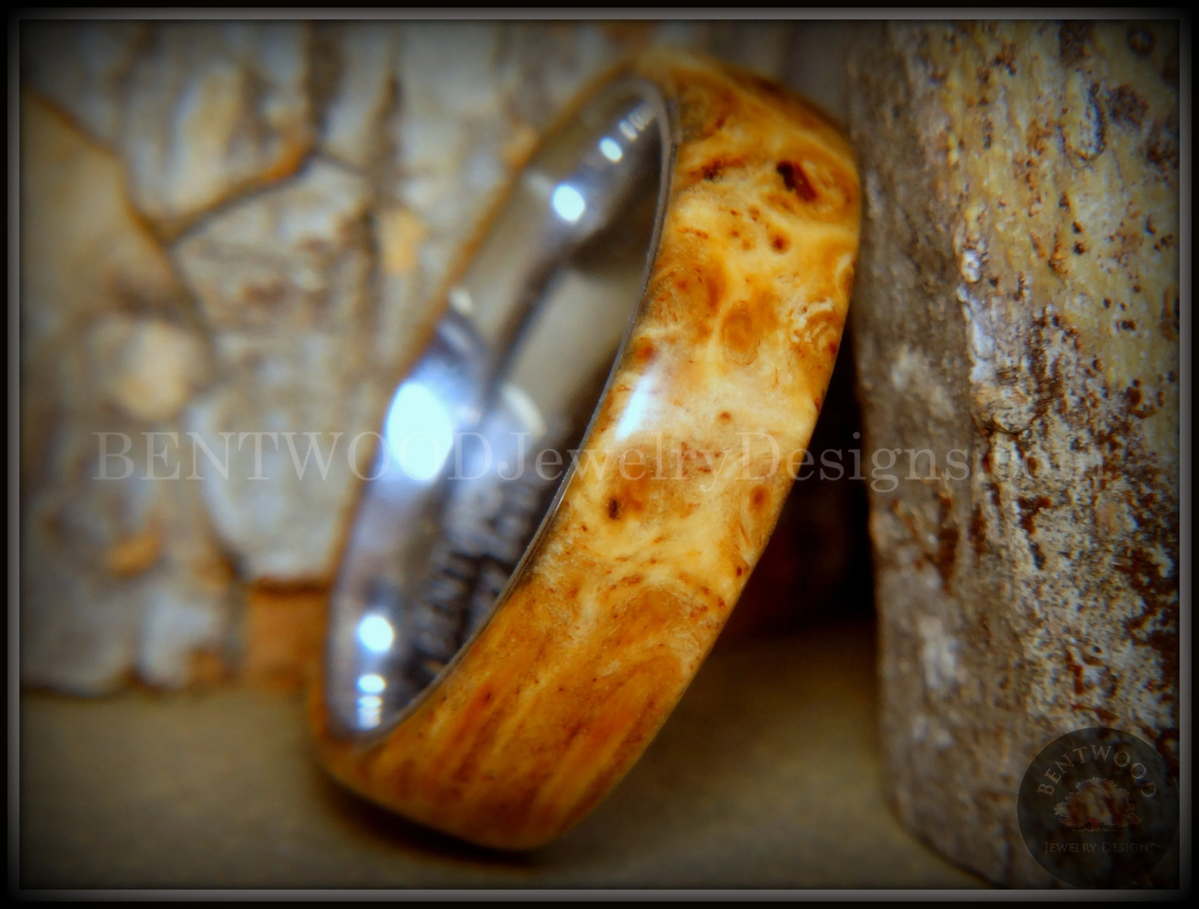 Bentwood Ring - Rarity Golden Light Amboyna Burl Wood Ring with Titanium Steel Comfort Fit Metal Core