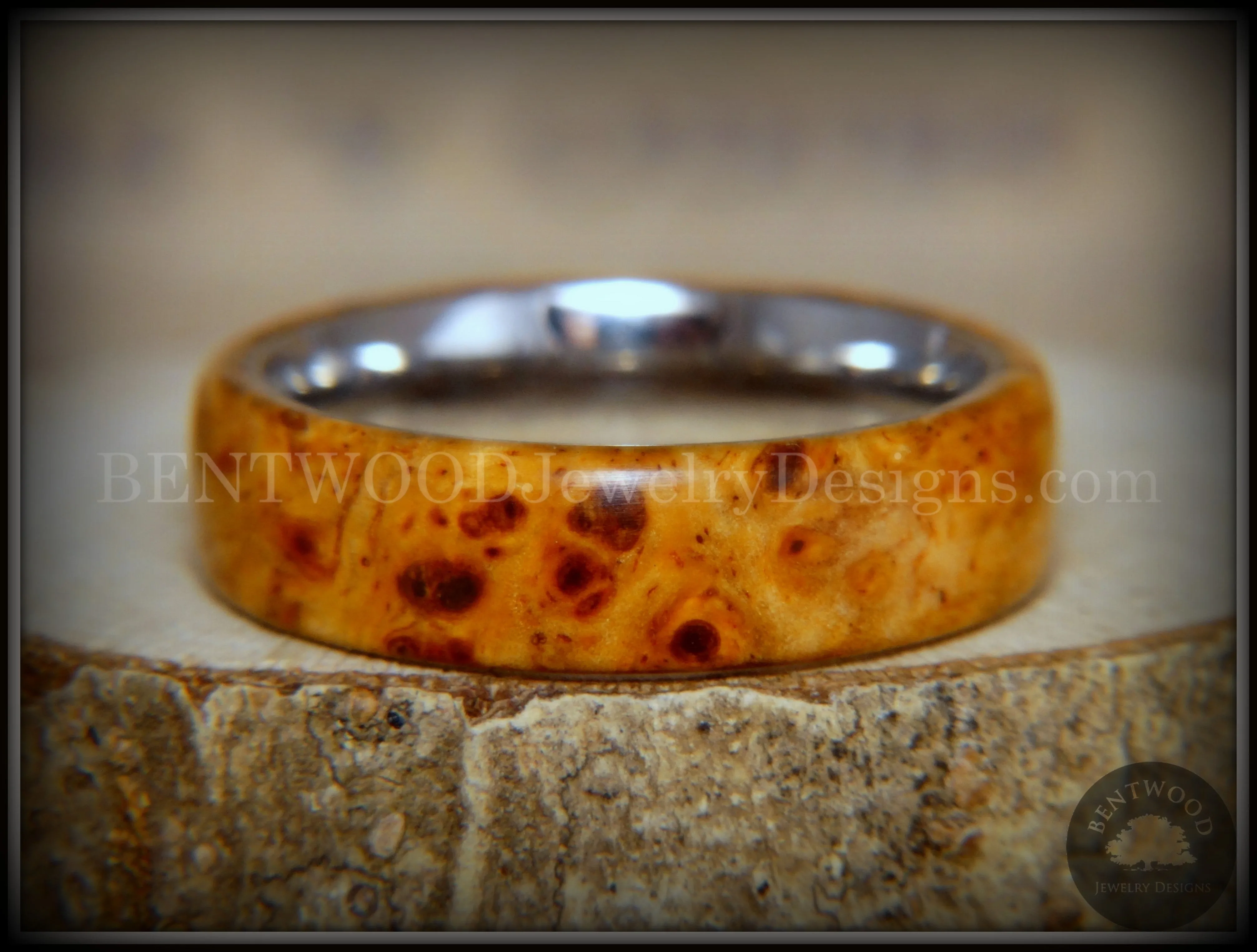 Bentwood Ring - Rarity Golden Light Amboyna Burl Wood Ring with Titanium Steel Comfort Fit Metal Core