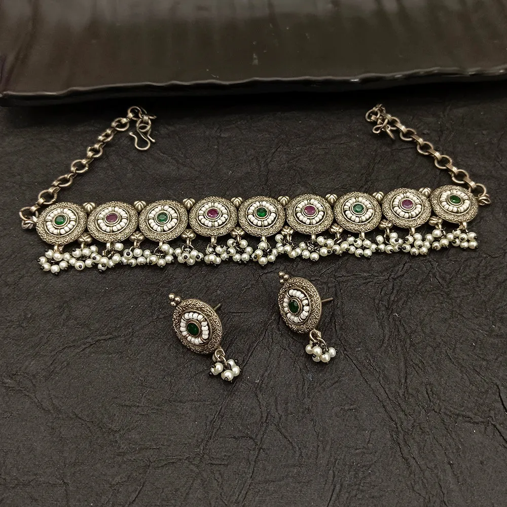 Bhavi Jewel Oxidised Plated Pearl Choker Necklace Set