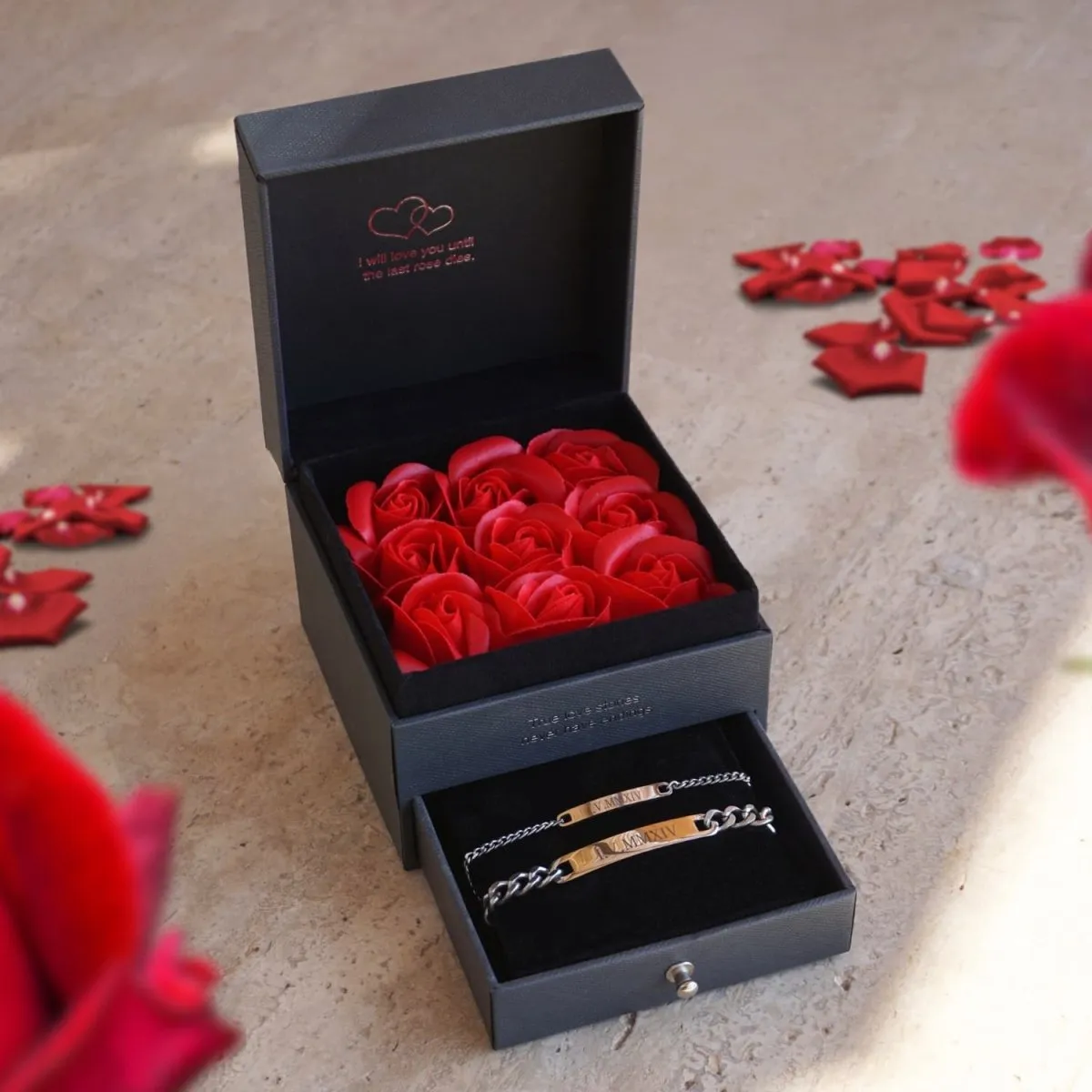 Big Rose Box   Engraved Couples Bracelets