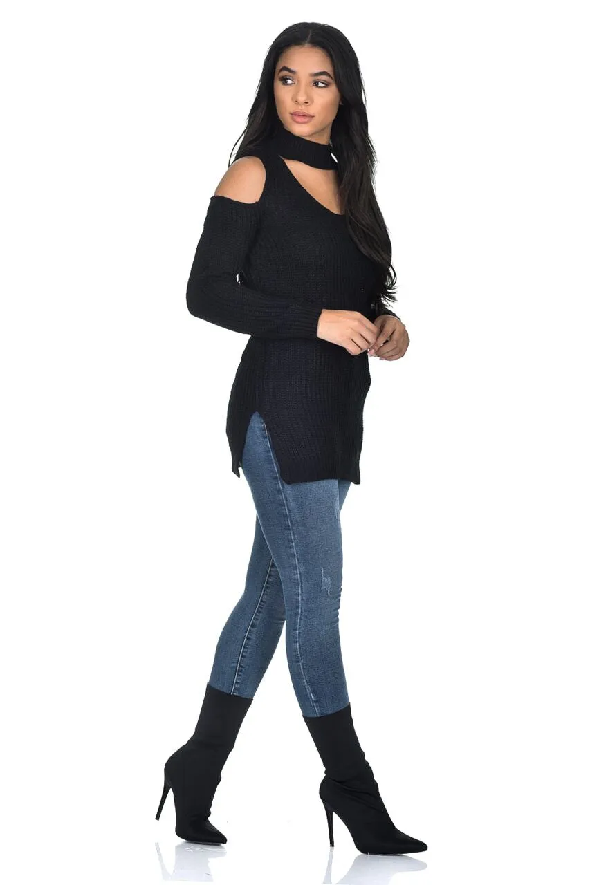 Black Cold Shoulder Choker Jumper