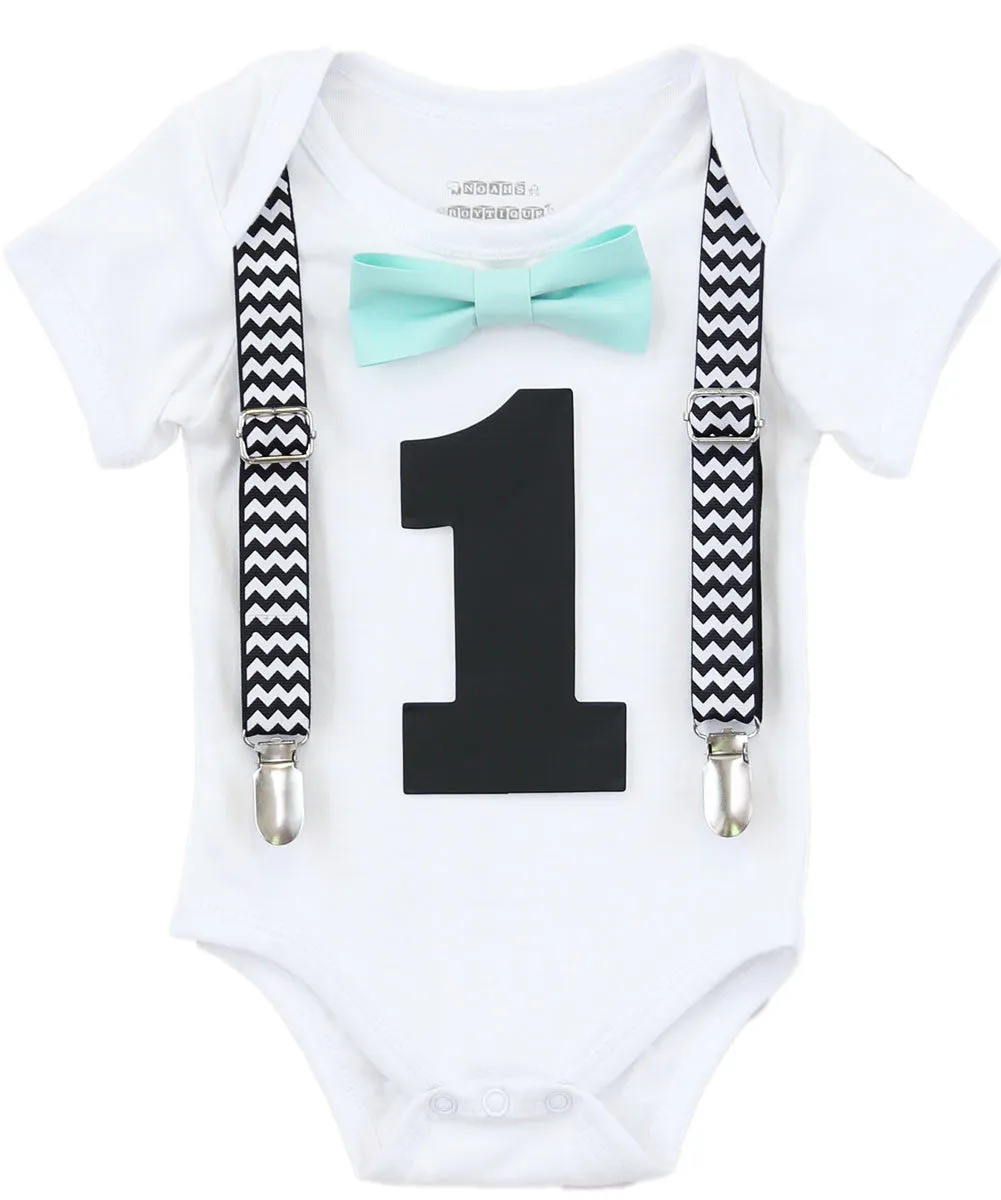 Boys First Birthday Outfit Black Chevron Mint Bow Tie - 1st Birthday