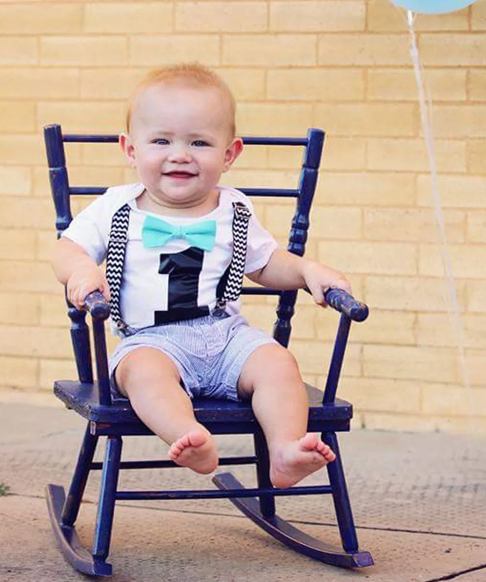 Boys First Birthday Outfit Black Chevron Mint Bow Tie - 1st Birthday