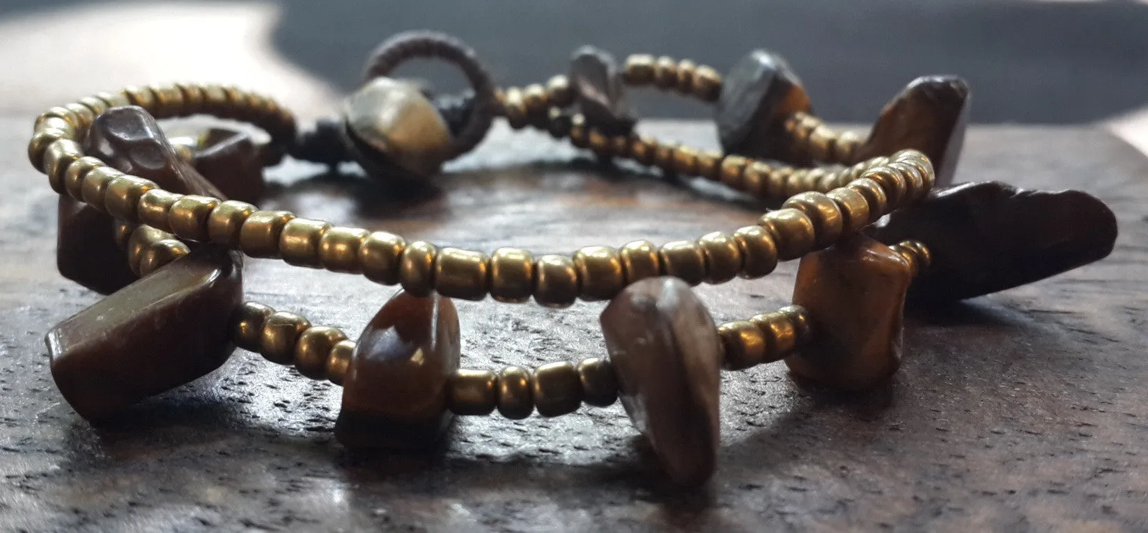 Brass Bead And Tiger Eye Stone Double Strand Bracelets