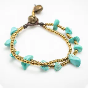 Brass Bead And Turquoise Stone Double Strand Bracelets