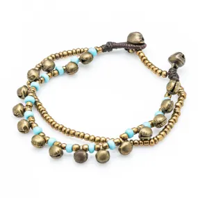 Brass Bell And Light Blue Bead Double Strand Bracelets