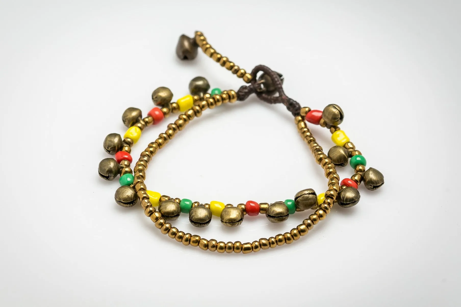 Brass Bell And Multi Bead Double Strand Bracelets