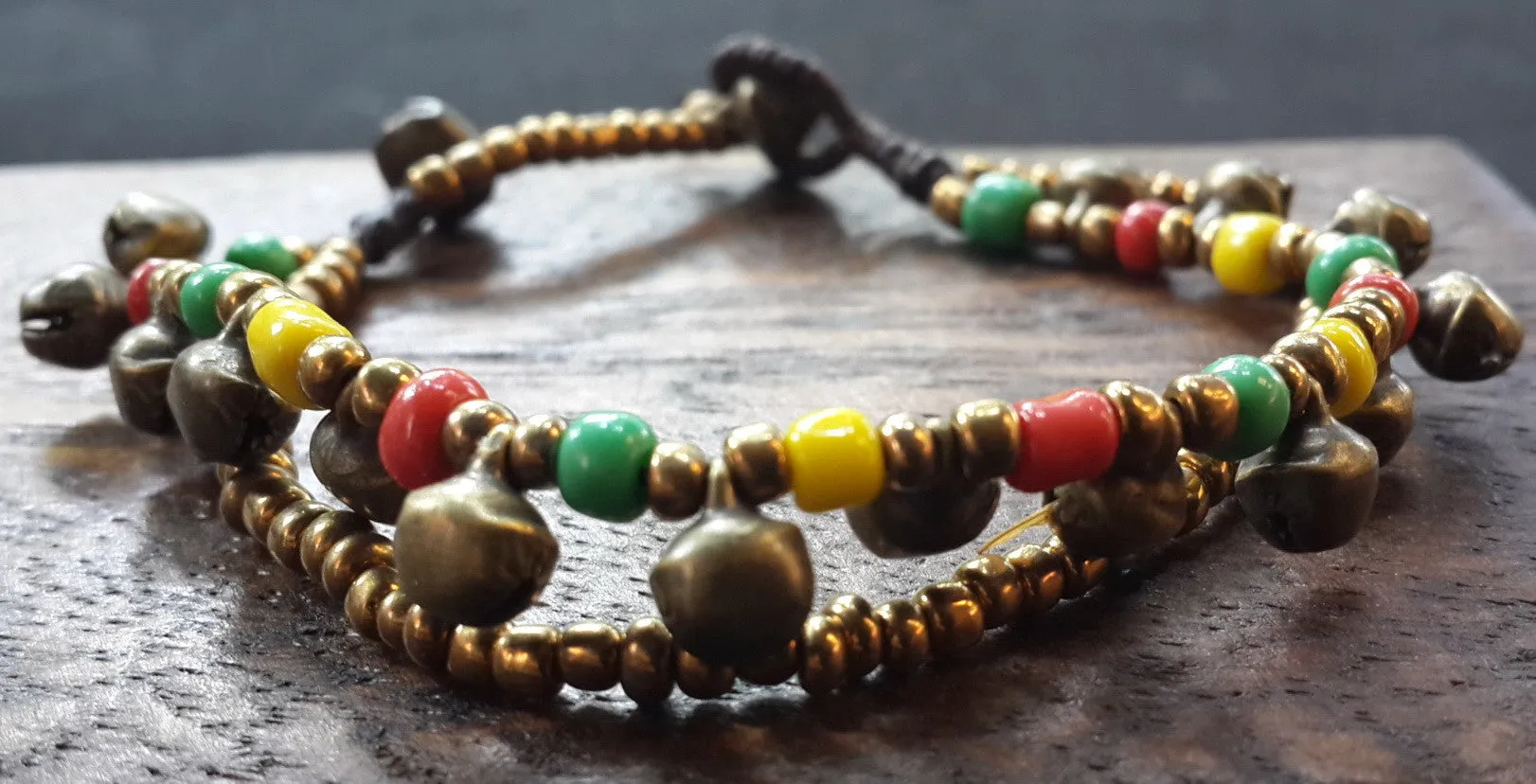 Brass Bell And Multi Bead Double Strand Bracelets