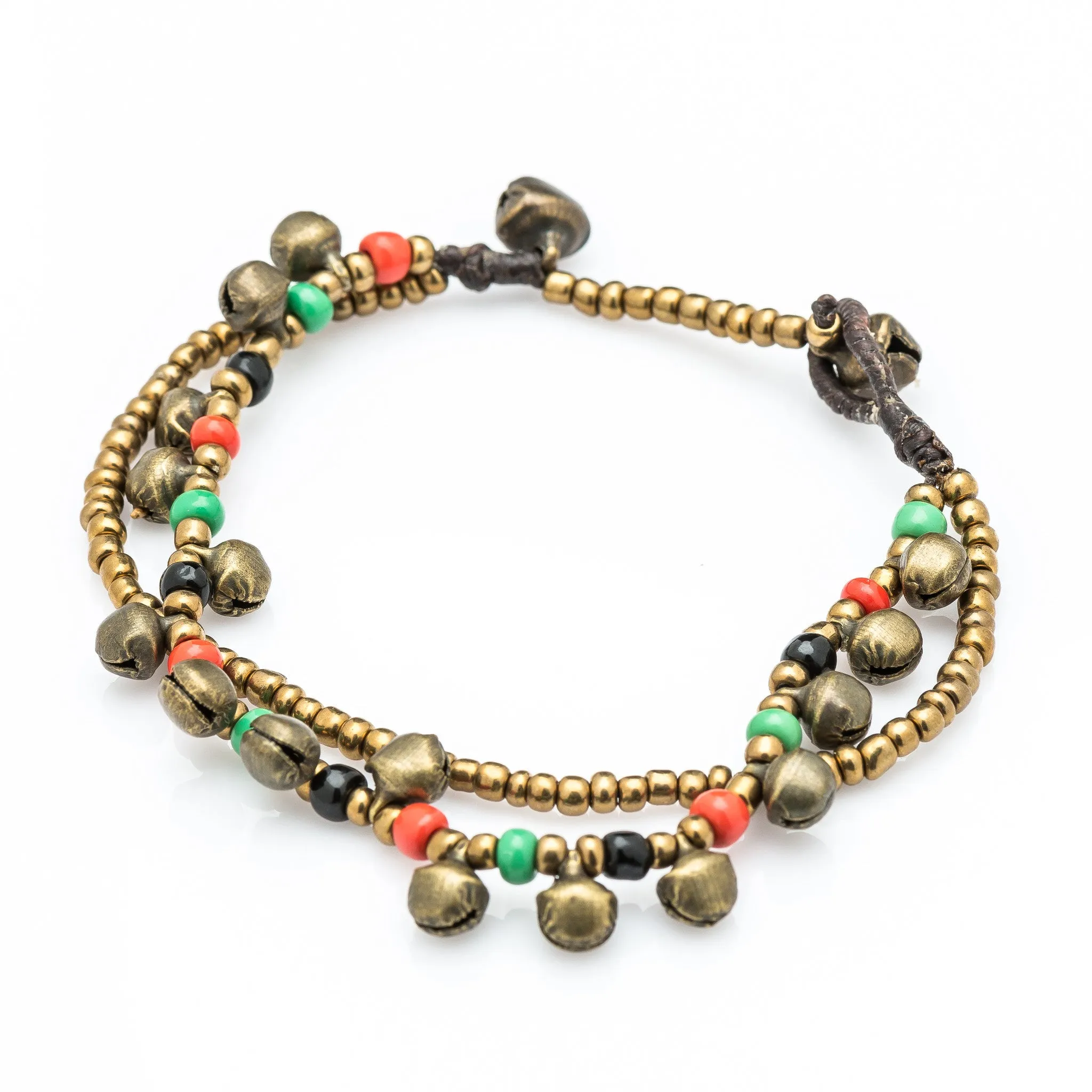 Brass Bell And Multi Bead Double Strand Bracelets