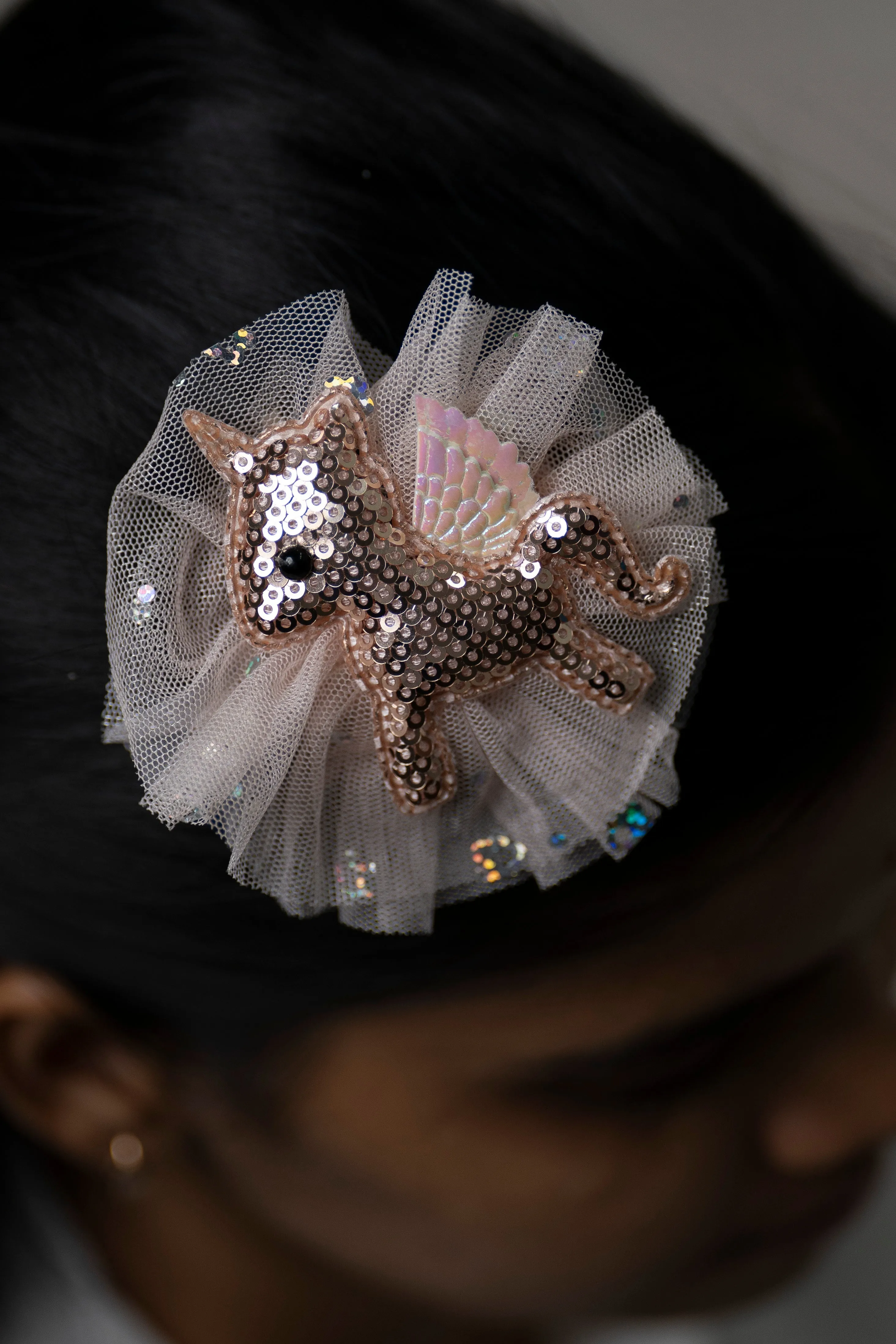 Bronze Sequin Unicorn Hair Clip with Glitter Tulle Detail