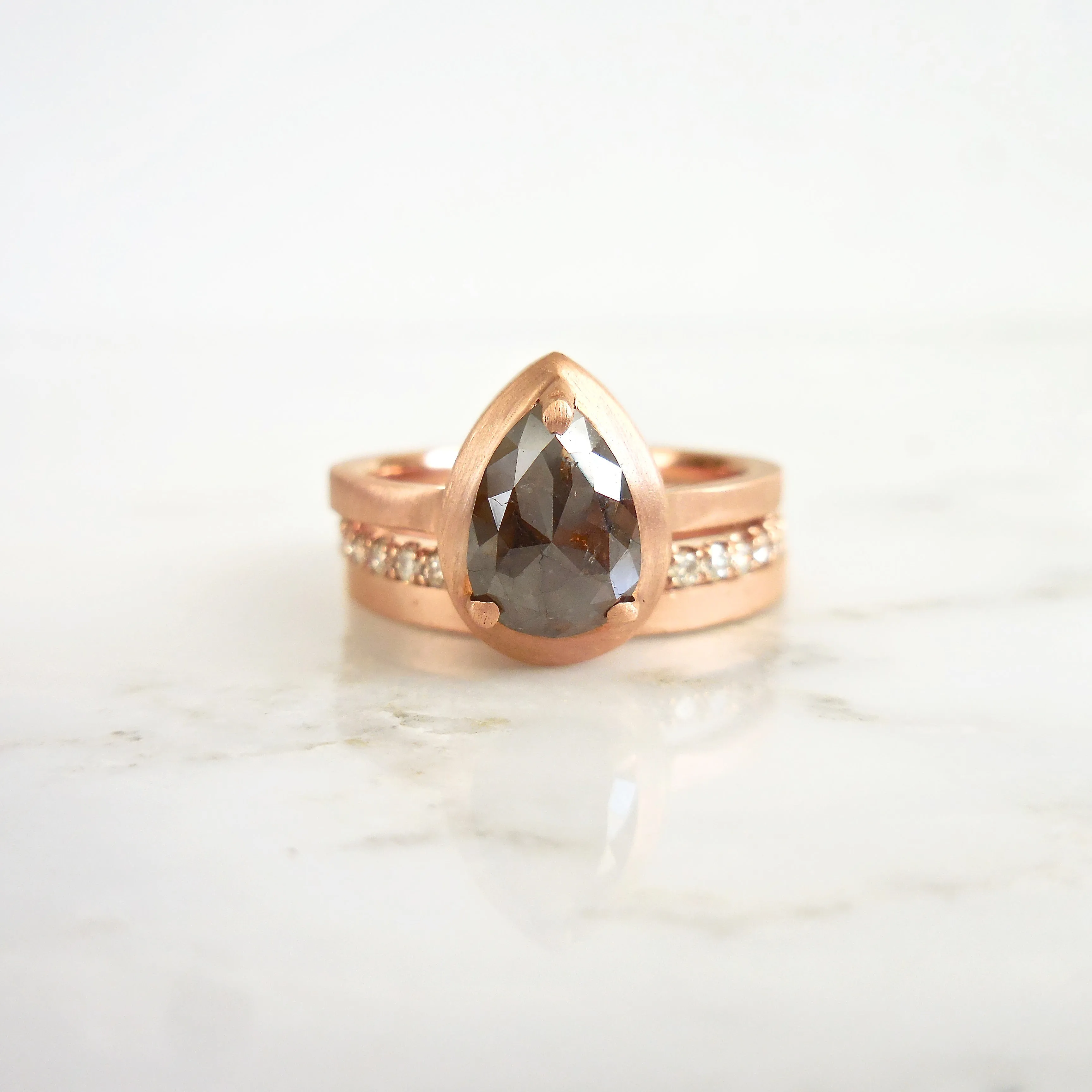 Brown Pear Diamond Engagement Ring - Rose Gold Engagement Rings - Rose Cut Ring Size 6 1/2