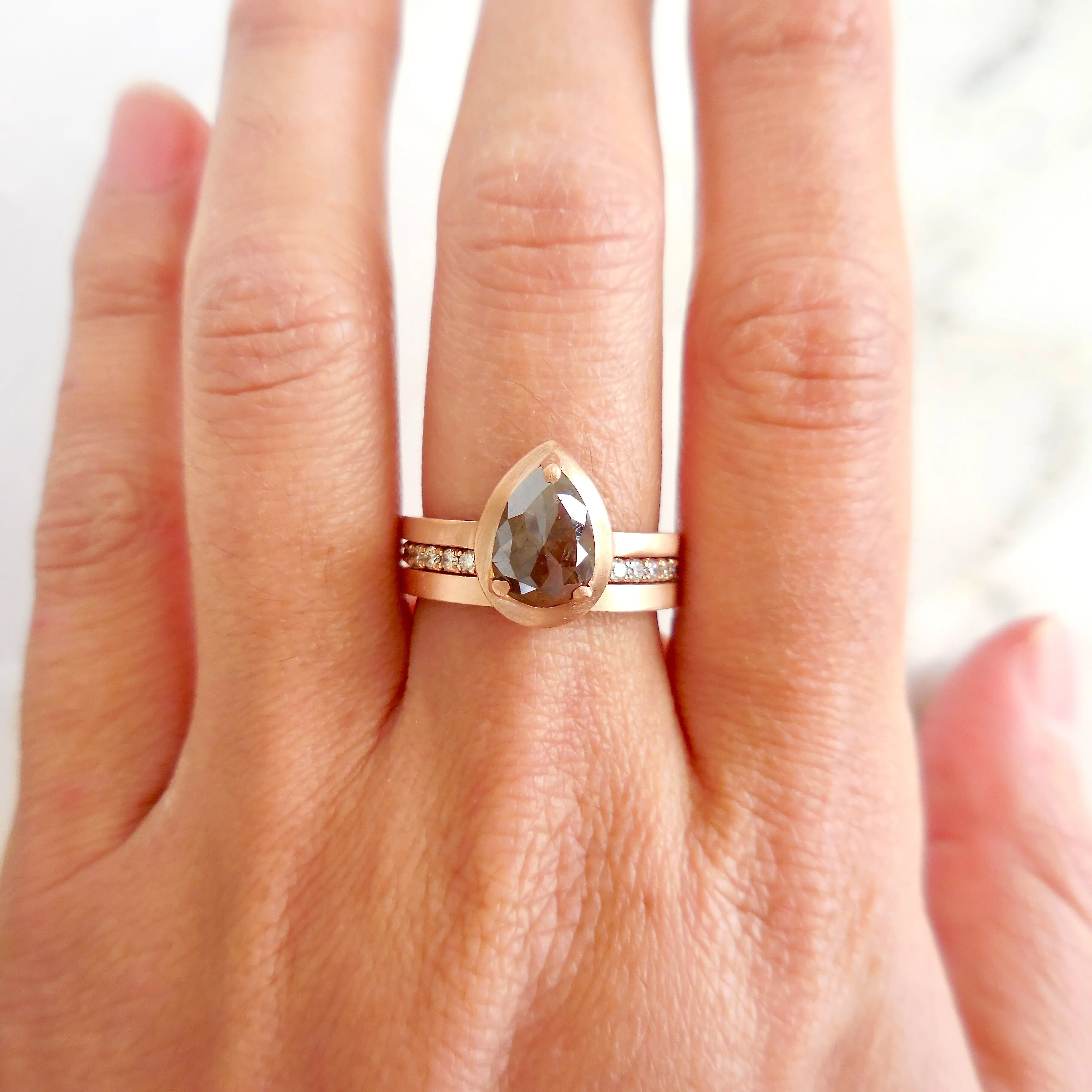 Brown Pear Diamond Engagement Ring - Rose Gold Engagement Rings - Rose Cut Ring Size 6 1/2