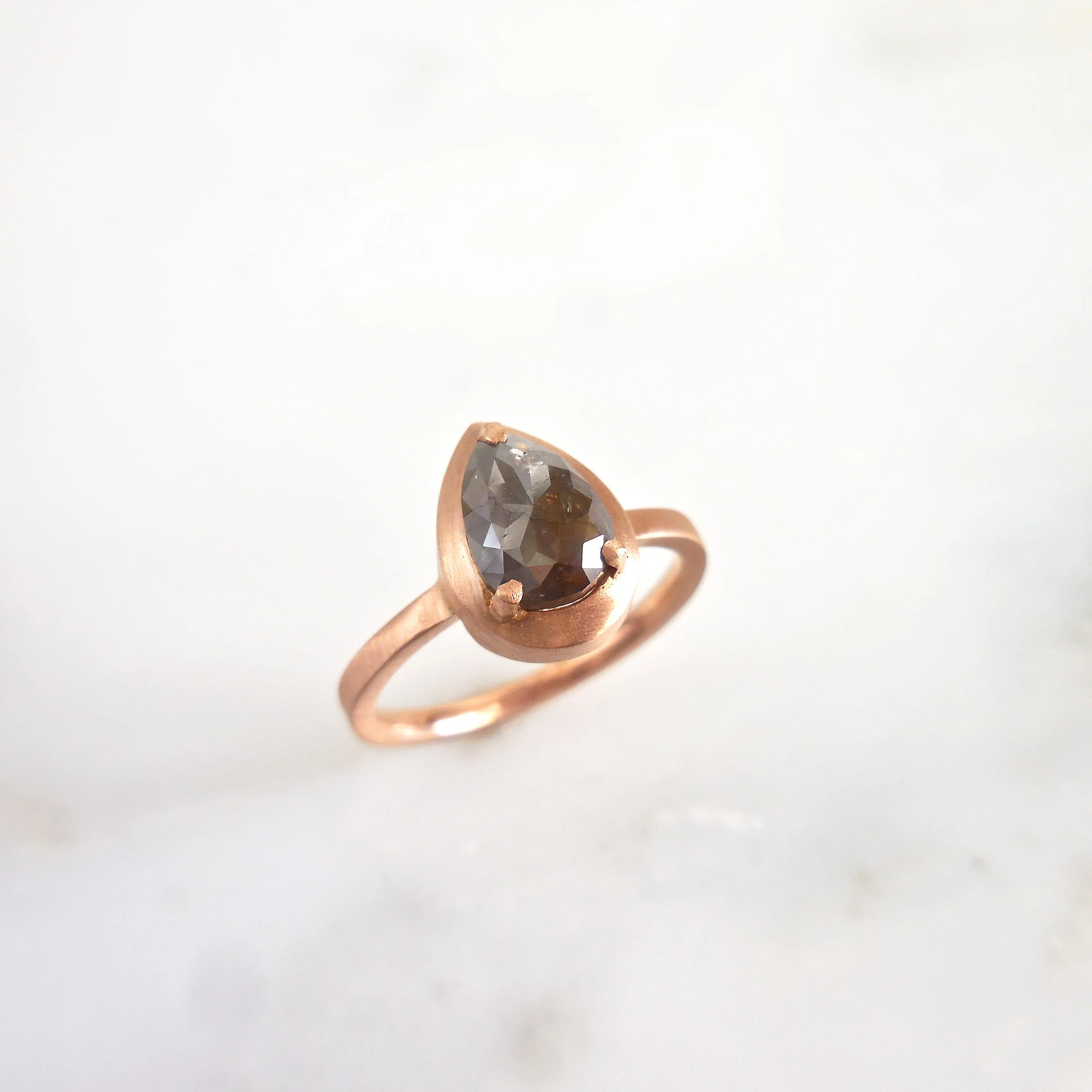 Brown Pear Diamond Engagement Ring - Rose Gold Engagement Rings - Rose Cut Ring Size 6 1/2