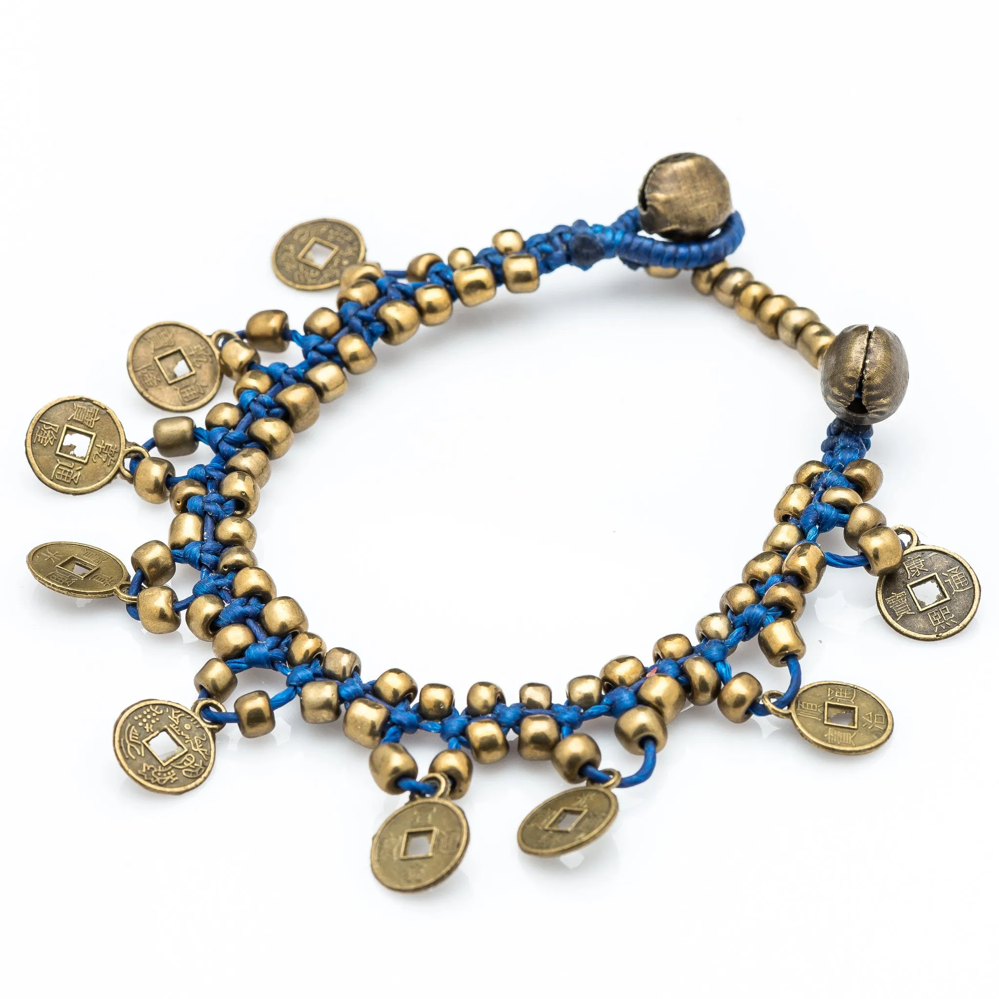 Chinese Coin Waxed Cotton Bracelets in Blue