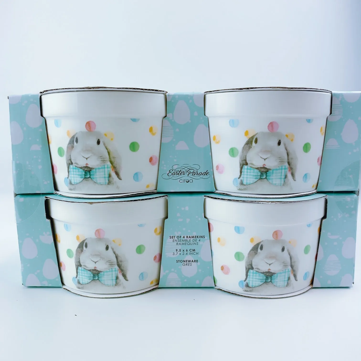 Ciroa Whimsical Spring Bunnies Set of 4 Quality Porcelain Ramekins Bow-tie Rabbit