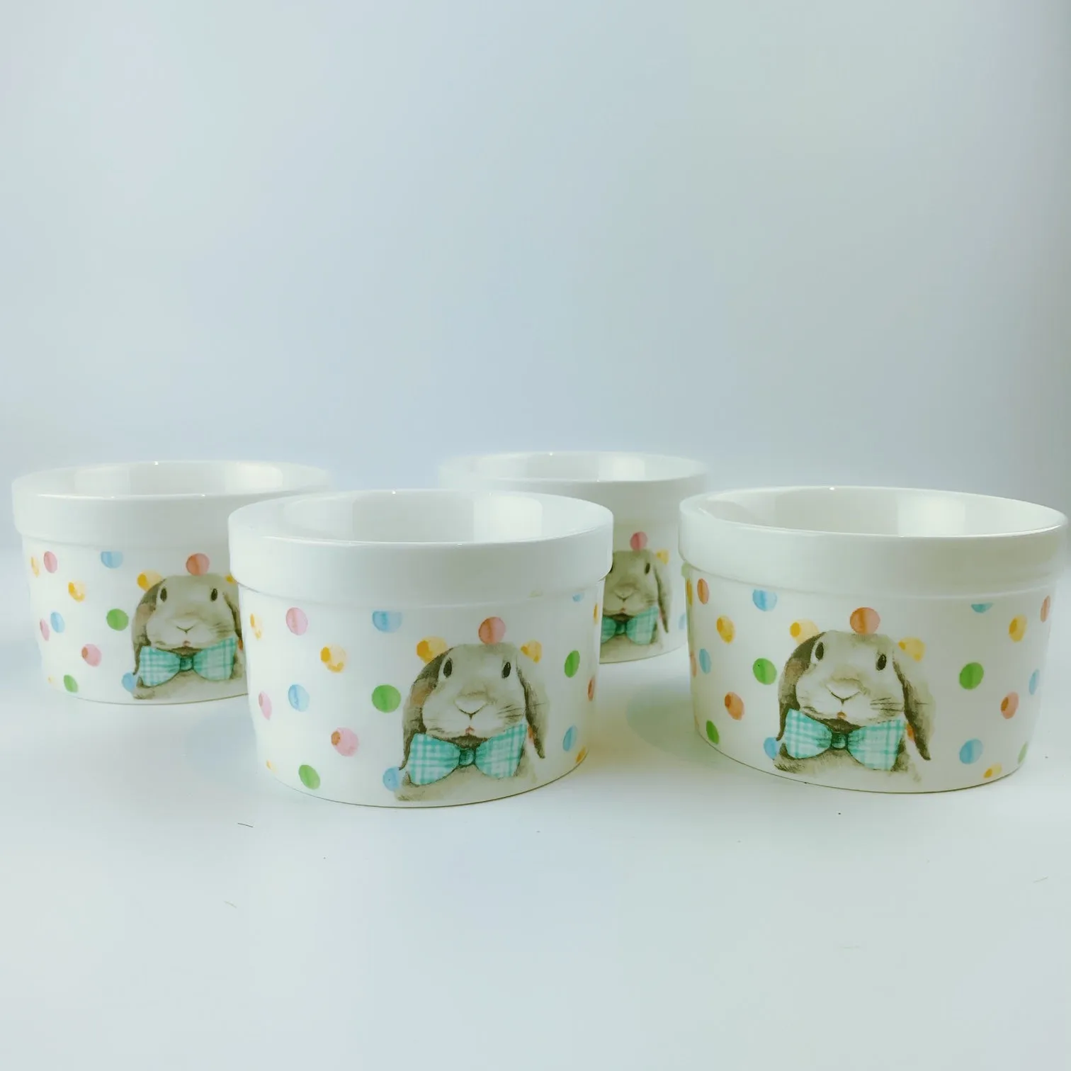 Ciroa Whimsical Spring Bunnies Set of 4 Quality Porcelain Ramekins Bow-tie Rabbit