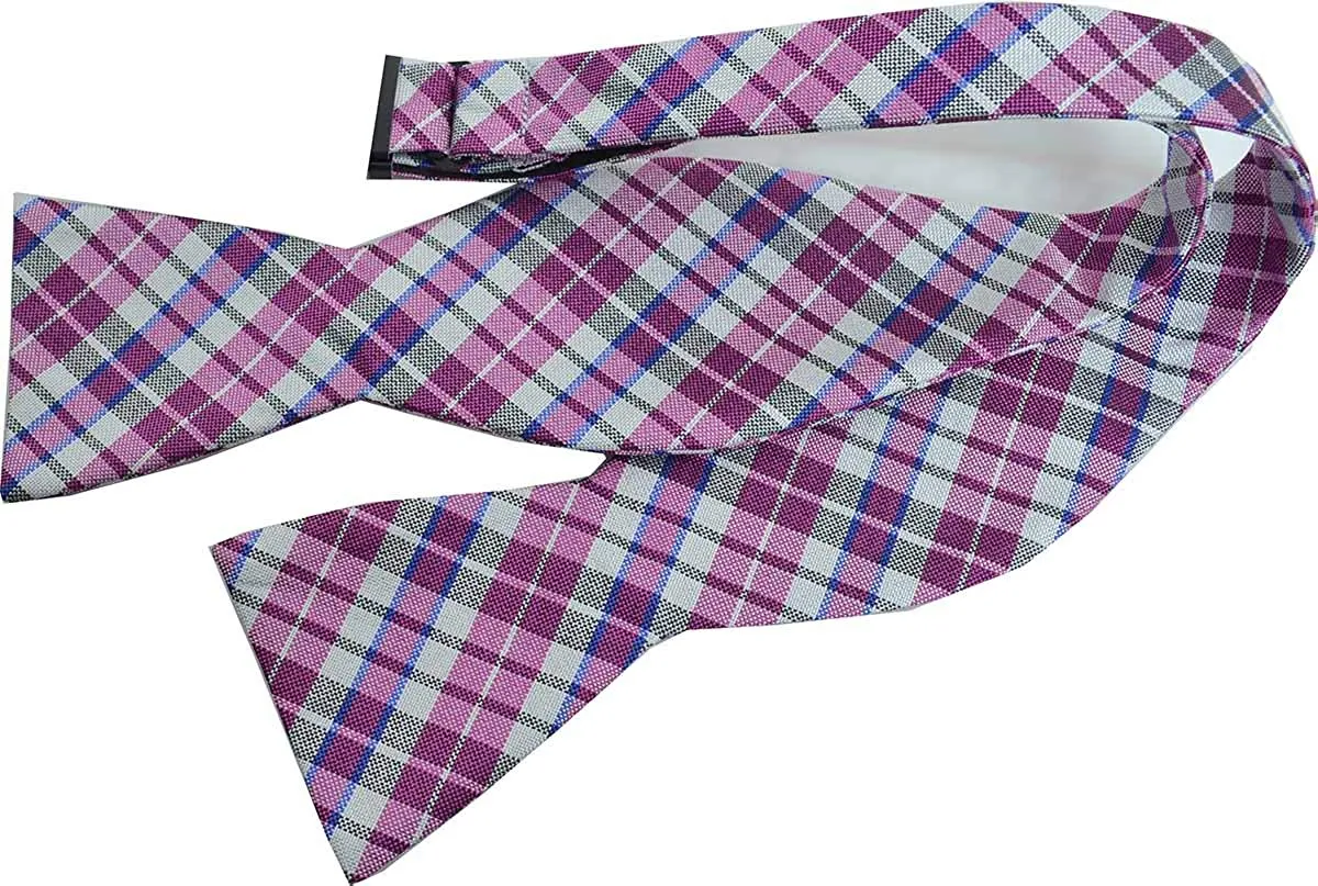 Countess Mara Men's To-Tie Plaid Print Silk Blend Bow Tie, White Plaid