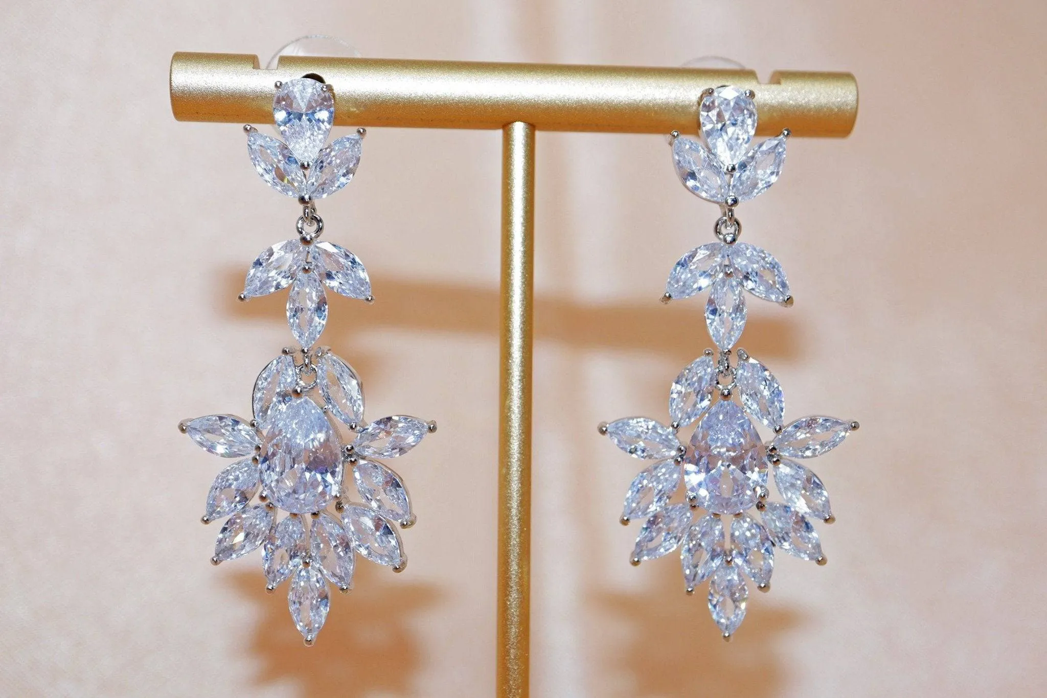 Cubic Zirconia Diamond/Crystal Earrings, Long Bridal Jewelry, Bridal Earrings, Crystal Bridal Earrings, Statement Earrings Cz