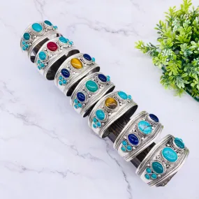 Ethnic Handmade Metal Cuffs with Gemstones, Unisex Natural Stone Jewelry, Wide Cuff Bracelets, Bohemian Unique Jewelry