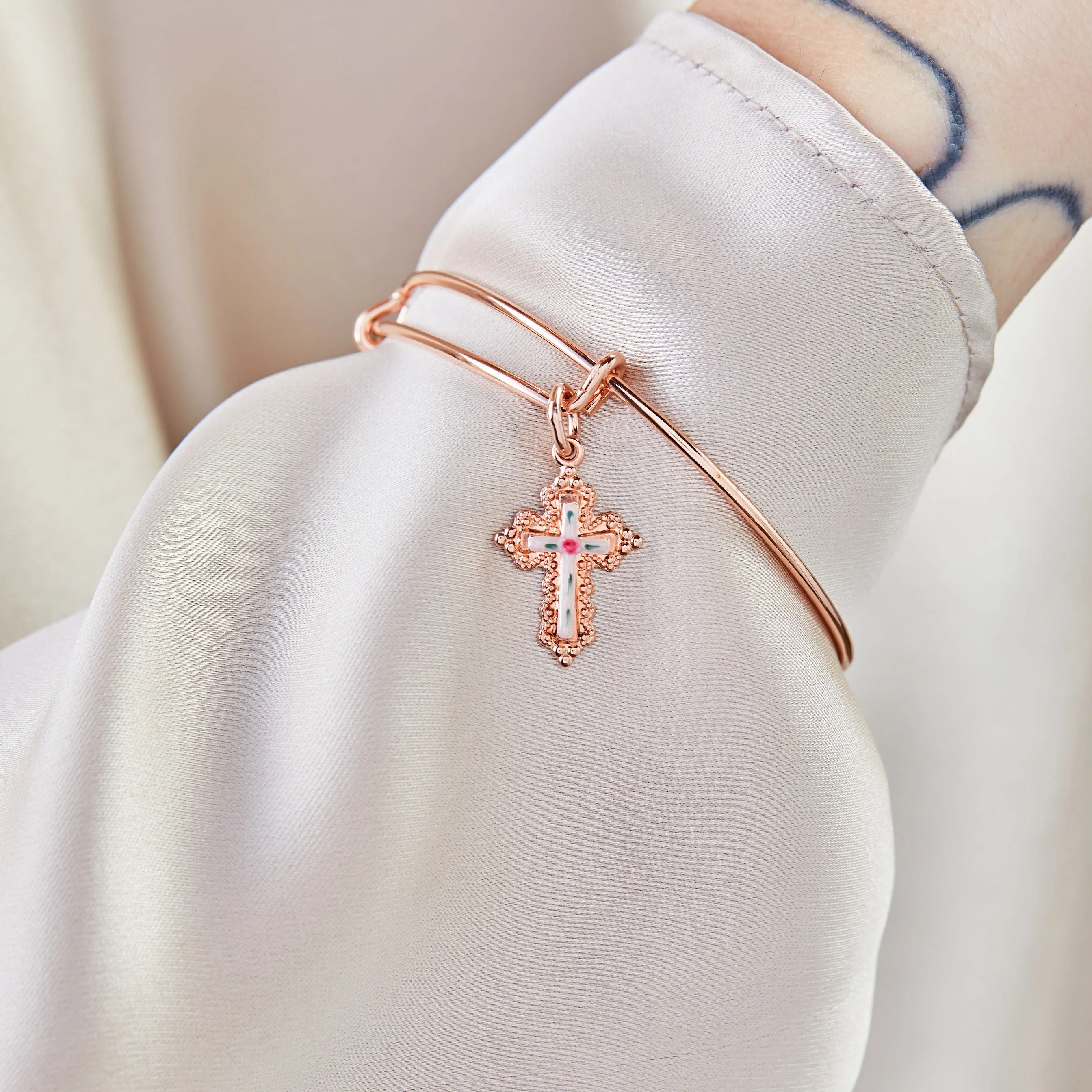 Floral Cross Charm Bangle Bracelet