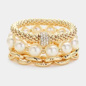 Gold 3PCS - Pearl Stone Paved Ball Pointed Metal Chain Stretch Multi Layered Bracelets