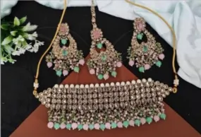 Green Choker Necklace & Earring Set with Maang Tika