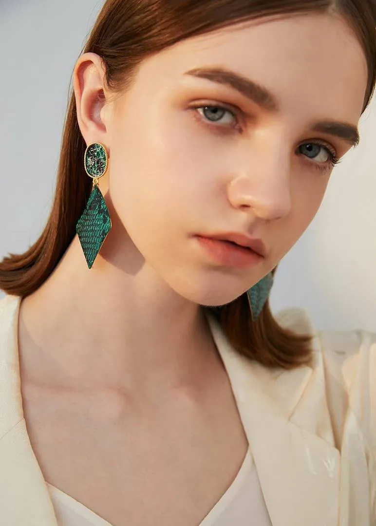 Green Snake Drop Statement Earrings