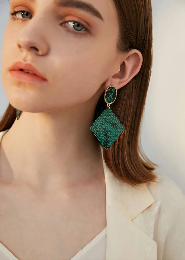 Green Snake Drop Statement Earrings