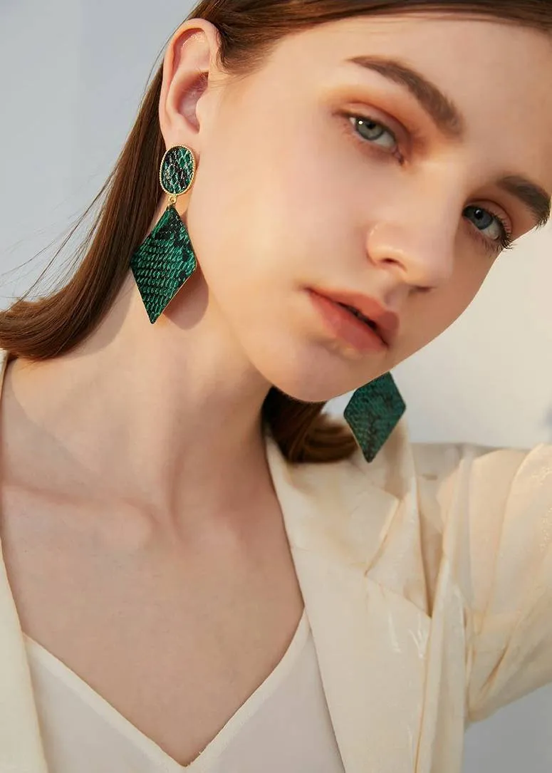 Green Snake Drop Statement Earrings