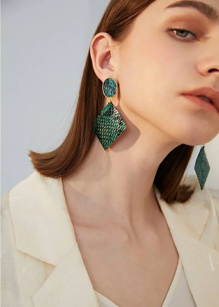 Green Snake Drop Statement Earrings