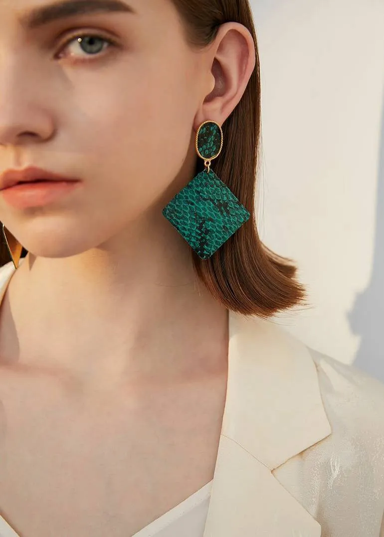 Green Snake Drop Statement Earrings